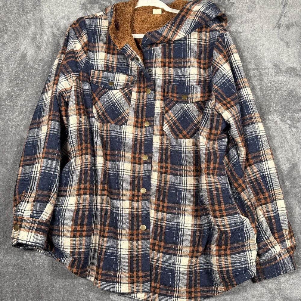 ASVIVID Women's XL Plaid Print Flap Pocket Lined Hooded Coat Medium  Blue Brown